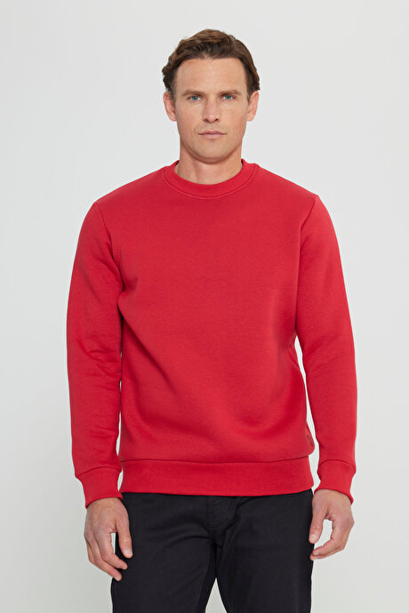 Standart Fit Normal Kesim İçi Polarlı 3 İplik Bisiklet Yaka Pamuklu Kırmızı Sweatshirt resmi