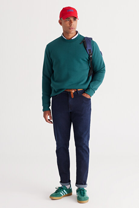 Standart Fit Normal Kesim İçi Polarlı 3 İplik Bisiklet Yaka Pamuklu Koyu Yeşil Sweatshirt resmi