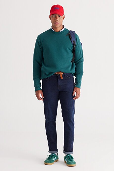 Standart Fit Normal Kesim İçi Polarlı 3 İplik Bisiklet Yaka Pamuklu Koyu Yeşil Sweatshirt resmi