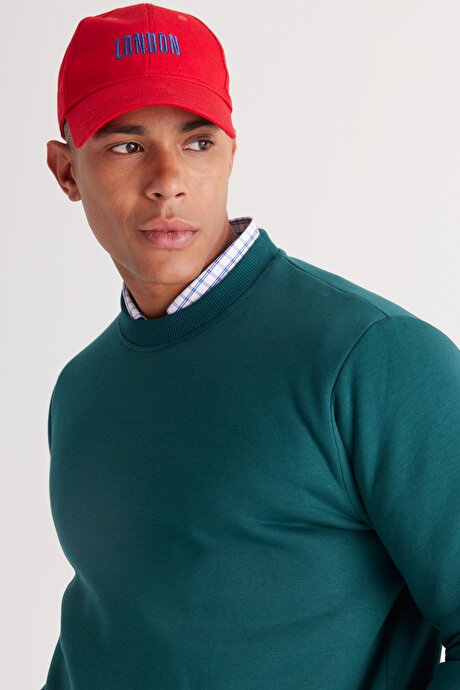 Standart Fit Normal Kesim İçi Polarlı 3 İplik Bisiklet Yaka Pamuklu Koyu Yeşil Sweatshirt resmi