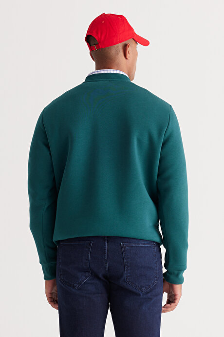 Standart Fit Normal Kesim İçi Polarlı 3 İplik Bisiklet Yaka Pamuklu Koyu Yeşil Sweatshirt resmi