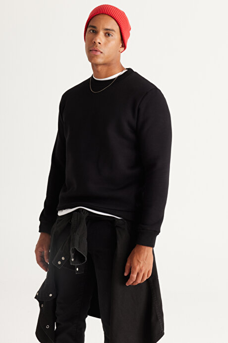 Standart Fit Normal Kesim İçi Polarlı 3 İplik Bisiklet Yaka Pamuklu Siyah Sweatshirt resmi