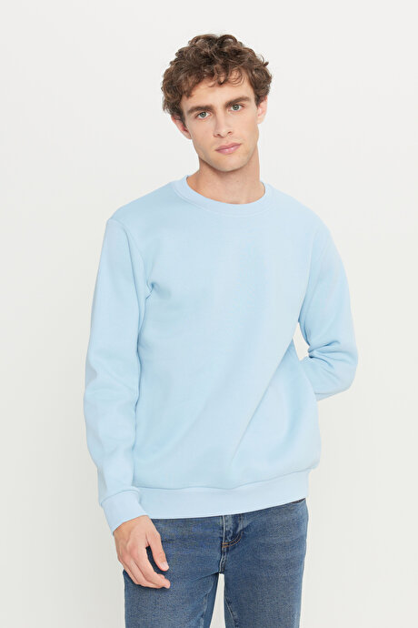 Standart Fit Normal Kesim İçi Polarlı 3 İplik Bisiklet Yaka Pamuklu Açık Mavi Sweatshirt resmi