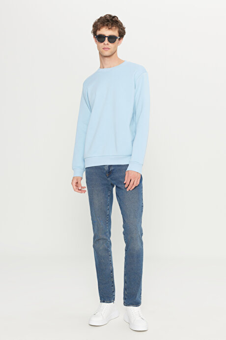 Standart Fit Normal Kesim İçi Polarlı 3 İplik Bisiklet Yaka Pamuklu Açık Mavi Sweatshirt resmi