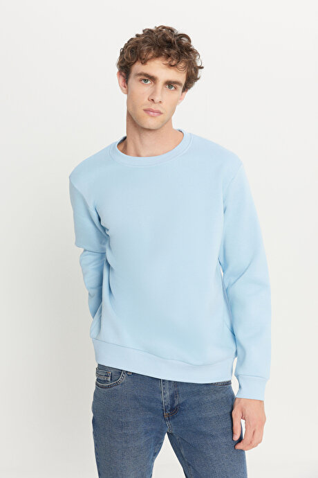 Standart Fit Normal Kesim İçi Polarlı 3 İplik Bisiklet Yaka Pamuklu Açık Mavi Sweatshirt resmi