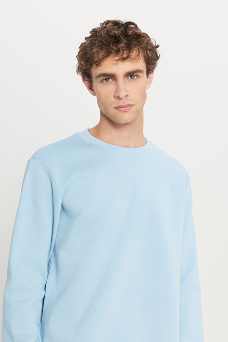 Standart Fit Normal Kesim İçi Polarlı 3 İplik Bisiklet Yaka Pamuklu Açık Mavi Sweatshirt resmi