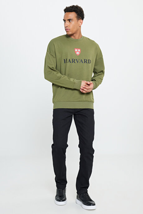 Oversize Fit Bol Kesim Harvard Lisanslı 3 İplik Pamuklu Bisiklet Yaka Haki Sweatshirt resmi