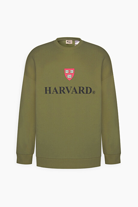 Oversize Fit Bol Kesim Harvard Lisanslı 3 İplik Pamuklu Bisiklet Yaka Haki Sweatshirt resmi