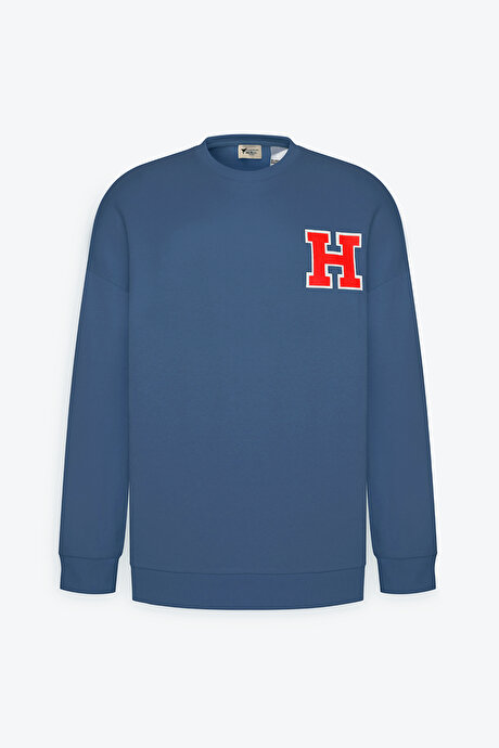 Oversize Fit Bol Kesim Harvard Lisanslı 3 İplik Pamuklu Bisiklet Yaka İndigo Sweatshirt resmi