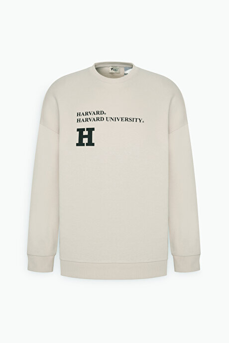 Oversize Fit Bol Kesim Harvard Lisanslı 3 İplik Pamuklu Bisiklet Yaka Açık Bej Sweatshirt resmi