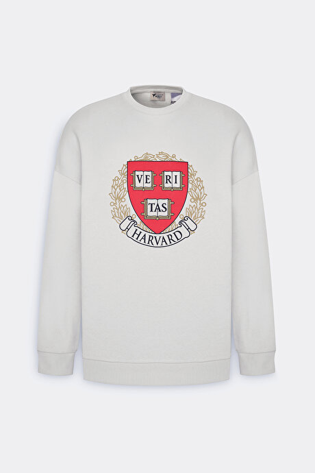 Oversize Fit Bol Kesim Harvard Lisanslı 3 İplik Pamuklu Bisiklet Yaka Ekru Sweatshirt resmi