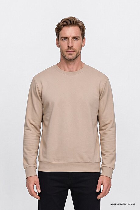 Pamuklu Standart Fit Normal Kesim 2 İplik Bisiklet Yaka Bej Sweatshirt resmi