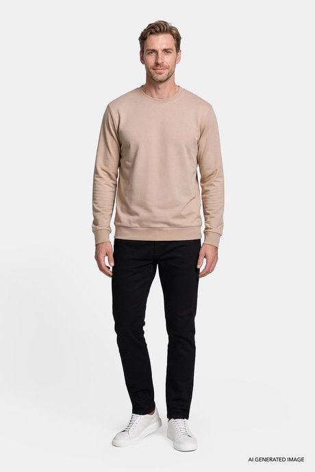 Pamuklu Standart Fit Normal Kesim 2 İplik Bisiklet Yaka Bej Sweatshirt resmi