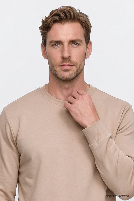 Pamuklu Standart Fit Normal Kesim 2 İplik Bisiklet Yaka Bej Sweatshirt resmi