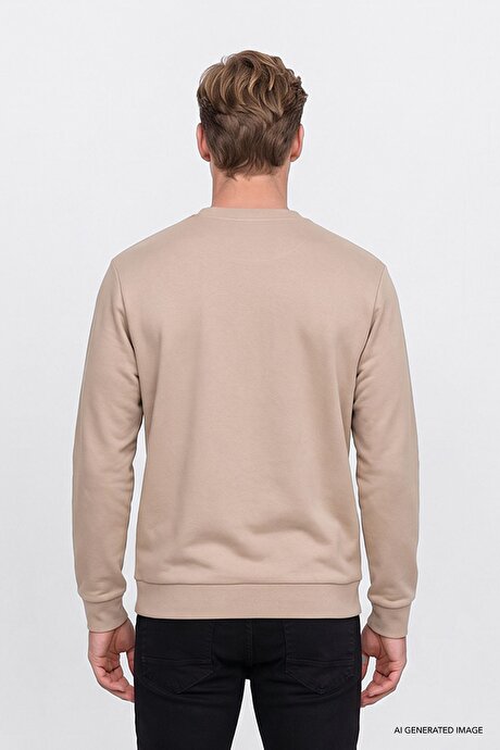 Pamuklu Standart Fit Normal Kesim 2 İplik Bisiklet Yaka Bej Sweatshirt resmi