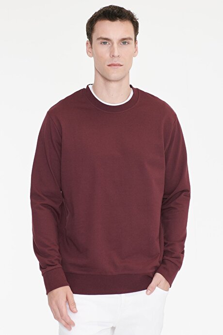 Pamuklu Standart Fit Normal Kesim 2 İplik Bisiklet Yaka Bordo Sweatshirt resmi