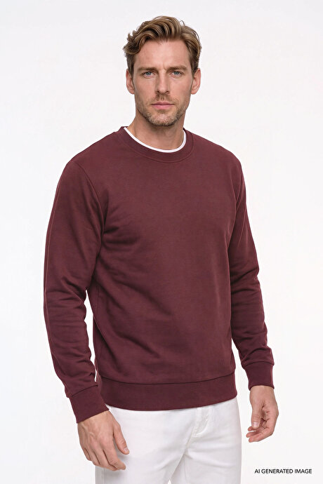 Pamuklu Standart Fit Normal Kesim 2 İplik Bisiklet Yaka Bordo Sweatshirt resmi