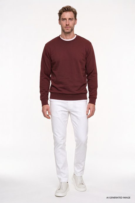 Pamuklu Standart Fit Normal Kesim 2 İplik Bisiklet Yaka Bordo Sweatshirt resmi