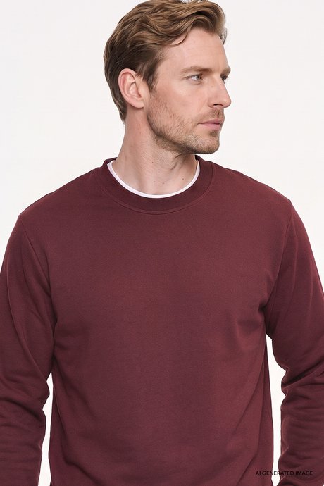 Pamuklu Standart Fit Normal Kesim 2 İplik Bisiklet Yaka Bordo Sweatshirt resmi