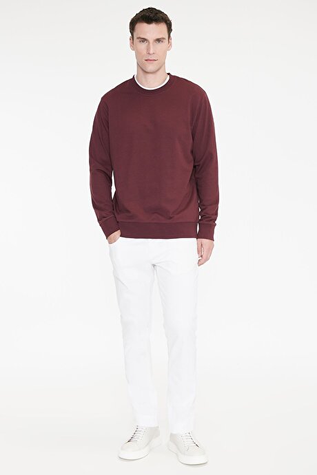 Pamuklu Standart Fit Normal Kesim 2 İplik Bisiklet Yaka Bordo Sweatshirt resmi
