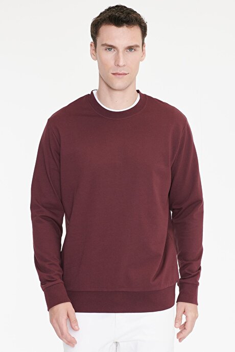Pamuklu Standart Fit Normal Kesim 2 İplik Bisiklet Yaka Bordo Sweatshirt resmi