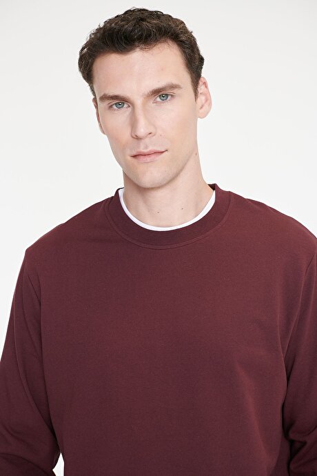 Pamuklu Standart Fit Normal Kesim 2 İplik Bisiklet Yaka Bordo Sweatshirt resmi