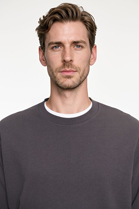 Pamuklu Standart Fit Normal Kesim 2 İplik Bisiklet Yaka Füme Sweatshirt resmi