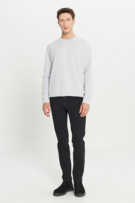 Standart Fit Normal Kesim 2 İplik Recycle Pamuklu Bisiklet Yaka Gri Melanj Sweatshirt resmi