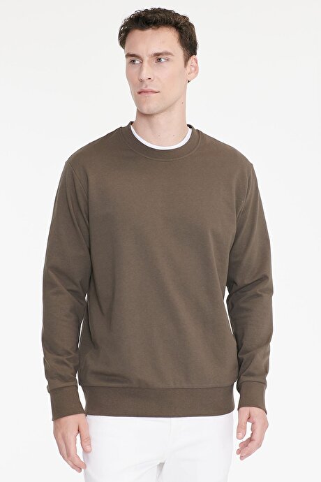 Pamuklu Standart Fit Normal Kesim 2 İplik Bisiklet Yaka Haki Sweatshirt resmi