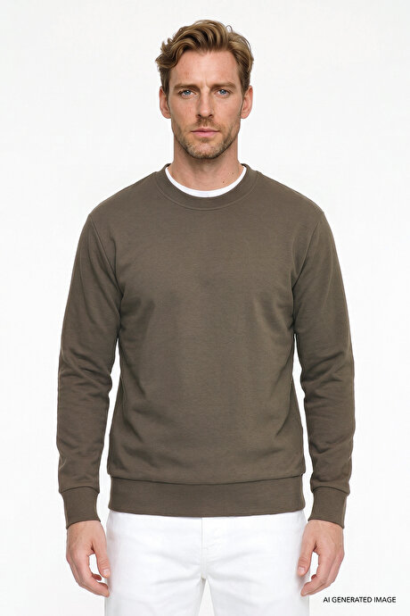 Pamuklu Standart Fit Normal Kesim 2 İplik Bisiklet Yaka Haki Sweatshirt resmi