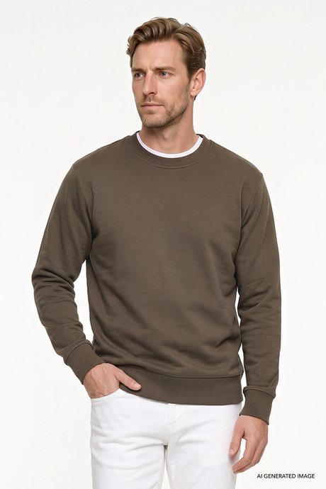 Pamuklu Standart Fit Normal Kesim 2 İplik Bisiklet Yaka Haki Sweatshirt resmi