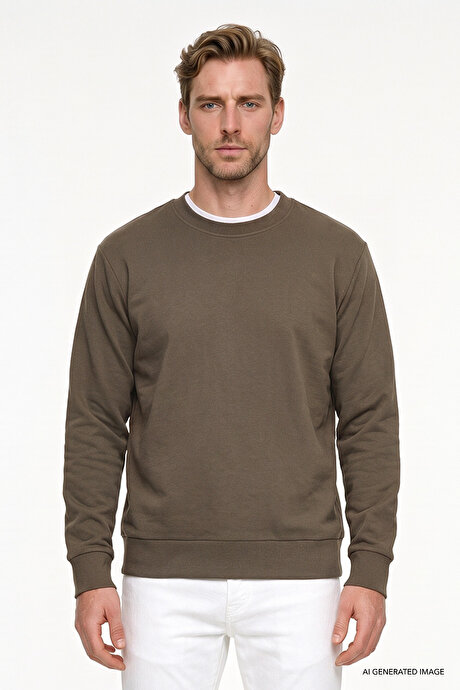 Pamuklu Standart Fit Normal Kesim 2 İplik Bisiklet Yaka Haki Sweatshirt resmi