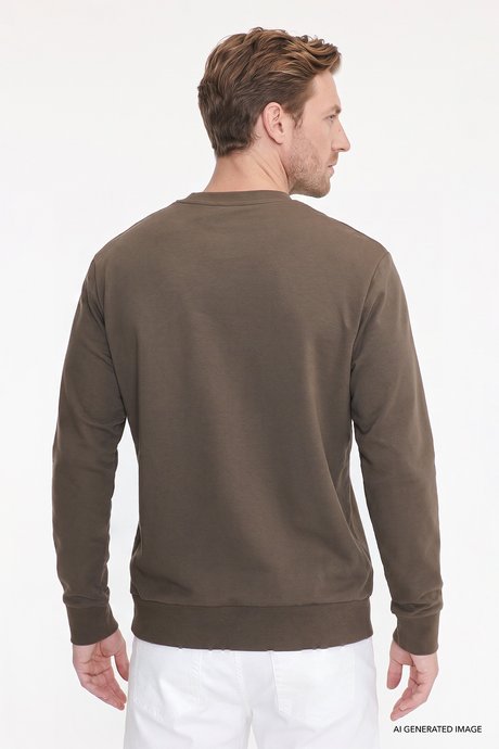 Pamuklu Standart Fit Normal Kesim 2 İplik Bisiklet Yaka Haki Sweatshirt resmi