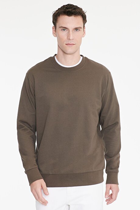 Pamuklu Standart Fit Normal Kesim 2 İplik Bisiklet Yaka Haki Sweatshirt resmi