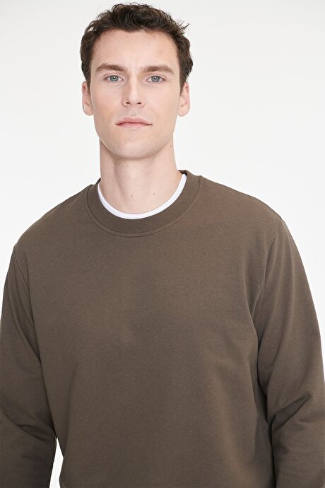 Pamuklu Standart Fit Normal Kesim 2 İplik Bisiklet Yaka Haki Sweatshirt resmi