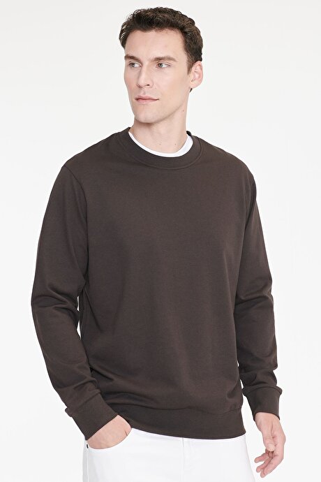 Pamuklu Standart Fit Normal Kesim 2 İplik Bisiklet Yaka Kahverengi Sweatshirt resmi