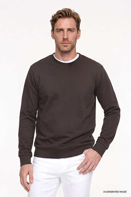 Pamuklu Standart Fit Normal Kesim 2 İplik Bisiklet Yaka Kahverengi Sweatshirt resmi