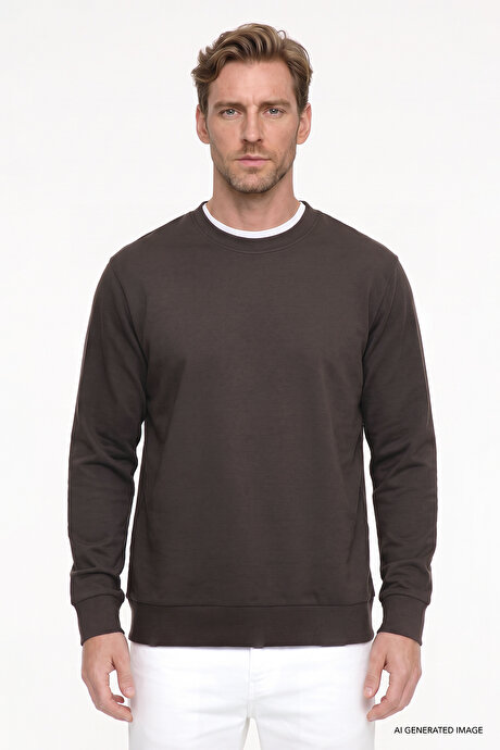 Pamuklu Standart Fit Normal Kesim 2 İplik Bisiklet Yaka Kahverengi Sweatshirt resmi