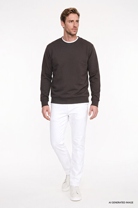 Pamuklu Standart Fit Normal Kesim 2 İplik Bisiklet Yaka Kahverengi Sweatshirt resmi