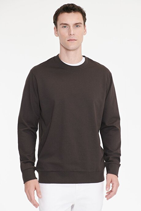 Pamuklu Standart Fit Normal Kesim 2 İplik Bisiklet Yaka Kahverengi Sweatshirt resmi