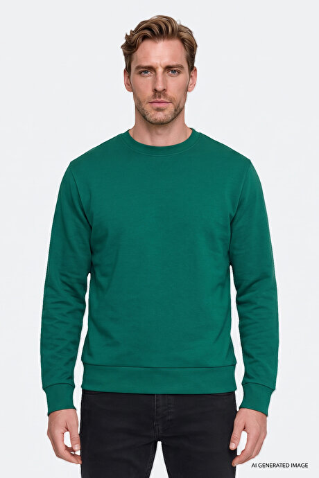 Pamuklu Standart Fit Normal Kesim 2 İplik Bisiklet Yaka Koyu Yeşil Sweatshirt resmi