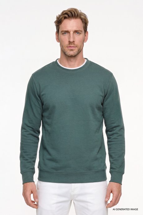 Pamuklu Standart Fit Normal Kesim 2 İplik Bisiklet Yaka Koyu Yeşil Sweatshirt resmi
