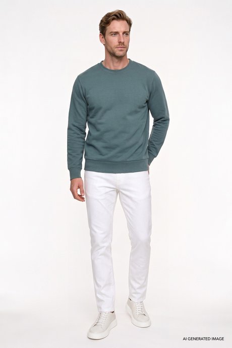 Pamuklu Standart Fit Normal Kesim 2 İplik Bisiklet Yaka Koyu Yeşil Sweatshirt resmi