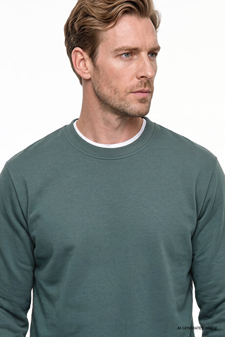 Pamuklu Standart Fit Normal Kesim 2 İplik Bisiklet Yaka Koyu Yeşil Sweatshirt resmi