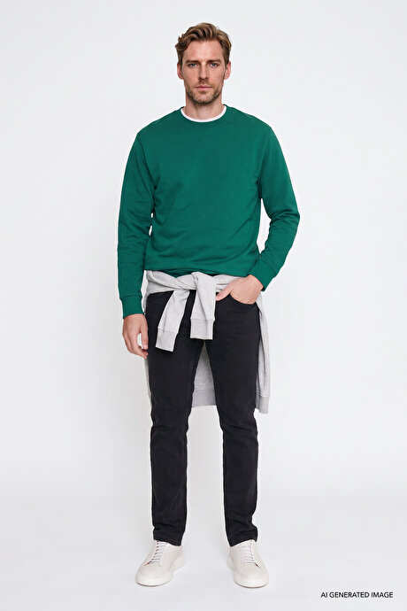Pamuklu Standart Fit Normal Kesim 2 İplik Bisiklet Yaka Koyu Yeşil Sweatshirt resmi