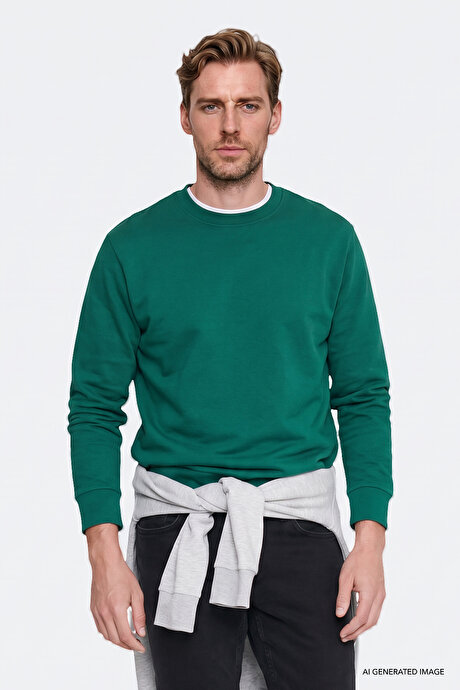 Pamuklu Standart Fit Normal Kesim 2 İplik Bisiklet Yaka Koyu Yeşil Sweatshirt resmi