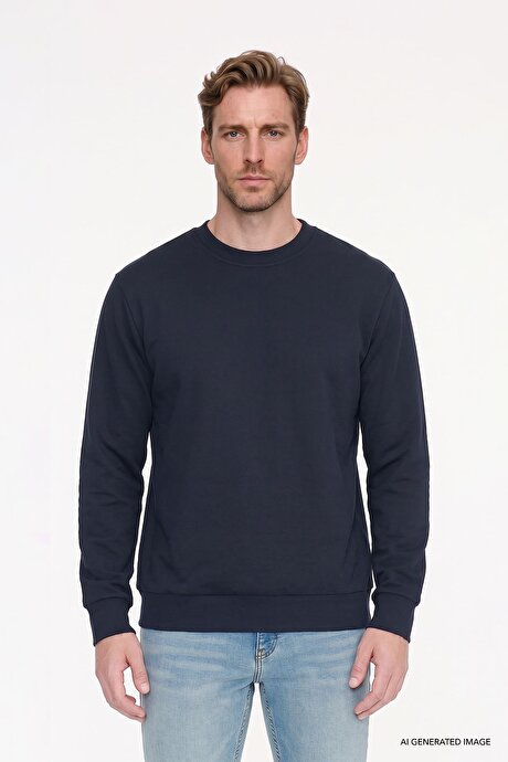 Pamuklu Standart Fit Normal Kesim 2 İplik Bisiklet Yaka Lacivert Sweatshirt resmi