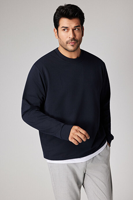 Standart Fit Normal Kesim 2 İplik Recycle Pamuklu Bisiklet Yaka Lacivert Sweatshirt resmi