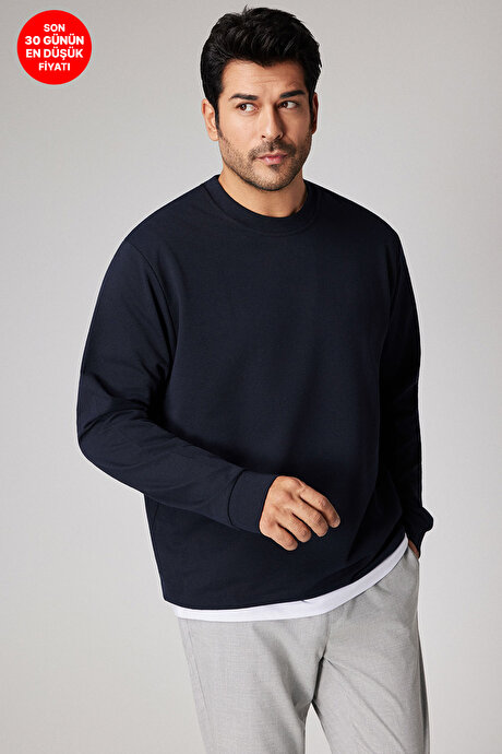 Standart Fit Normal Kesim 2 İplik Recycle Pamuklu Bisiklet Yaka Lacivert SweatshirtET5224200011LAC
