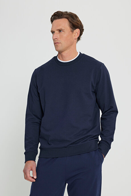 Standart Fit Normal Kesim 2 İplik Recycle Pamuklu Bisiklet Yaka Lacivert Sweatshirt resmi